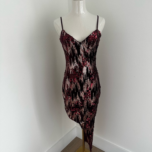 Sequin Asymmetrical Dress in Red and Black - Picture 1 of 5